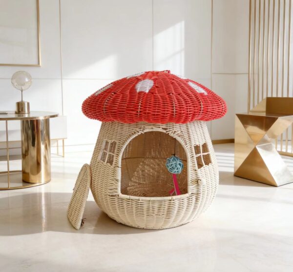 11 Luxury Rattan Cat House Bed – Enclosed Mushroom Pet Cave for Cats & Small Dogs | Breathable, Cozy Indoor & Outdoor Pet Nest