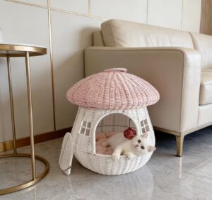 Luxury Rattan Cat House Bed – Enclosed Mushroom Pet Cave for Cats & Small Dogs | Breathable, Cozy Indoor & Outdoor Pet Nest