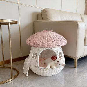 Luxury Rattan Cat House Bed – Enclosed Mushroom Pet Cave for Cats & Small Dogs | Breathable, Cozy Indoor & Outdoor Pet Nest