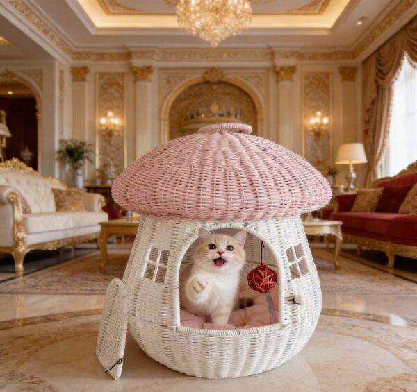 14 Luxury Rattan Cat House Bed – Enclosed Mushroom Pet Cave for Cats & Small Dogs | Breathable, Cozy Indoor & Outdoor Pet Nest